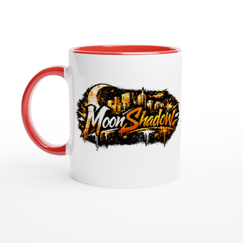 White mug with red handle featuring 'MoonShadow' logo on a white background