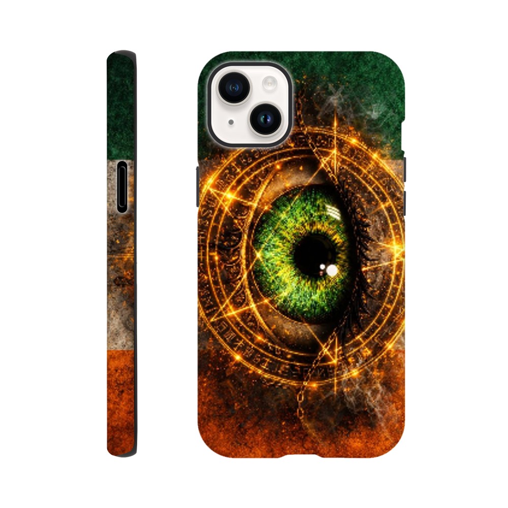 Phone case with eye design and mystical symbols on a white background