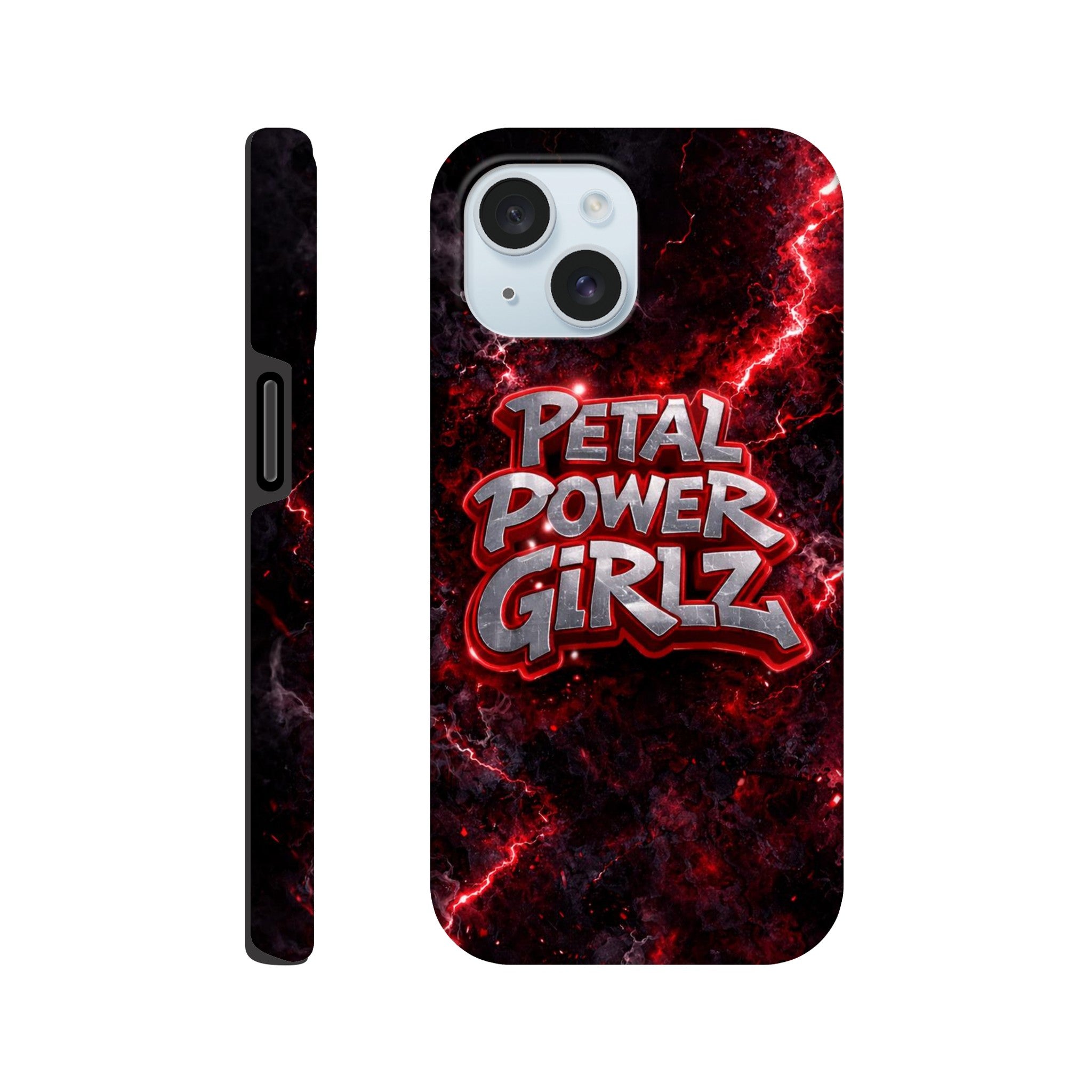 Phone case with 'Petal Power Girlz' design on a dark background