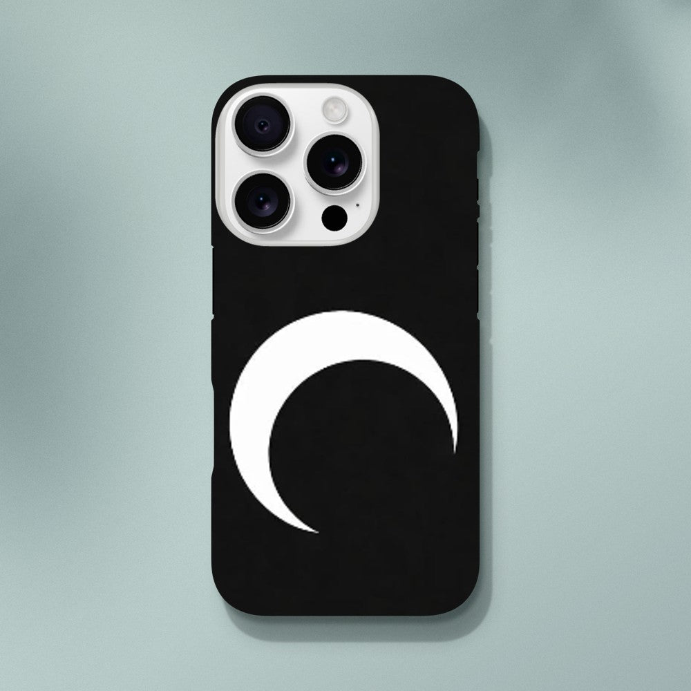 Black phone case with a white crescent moon design on a light gray background