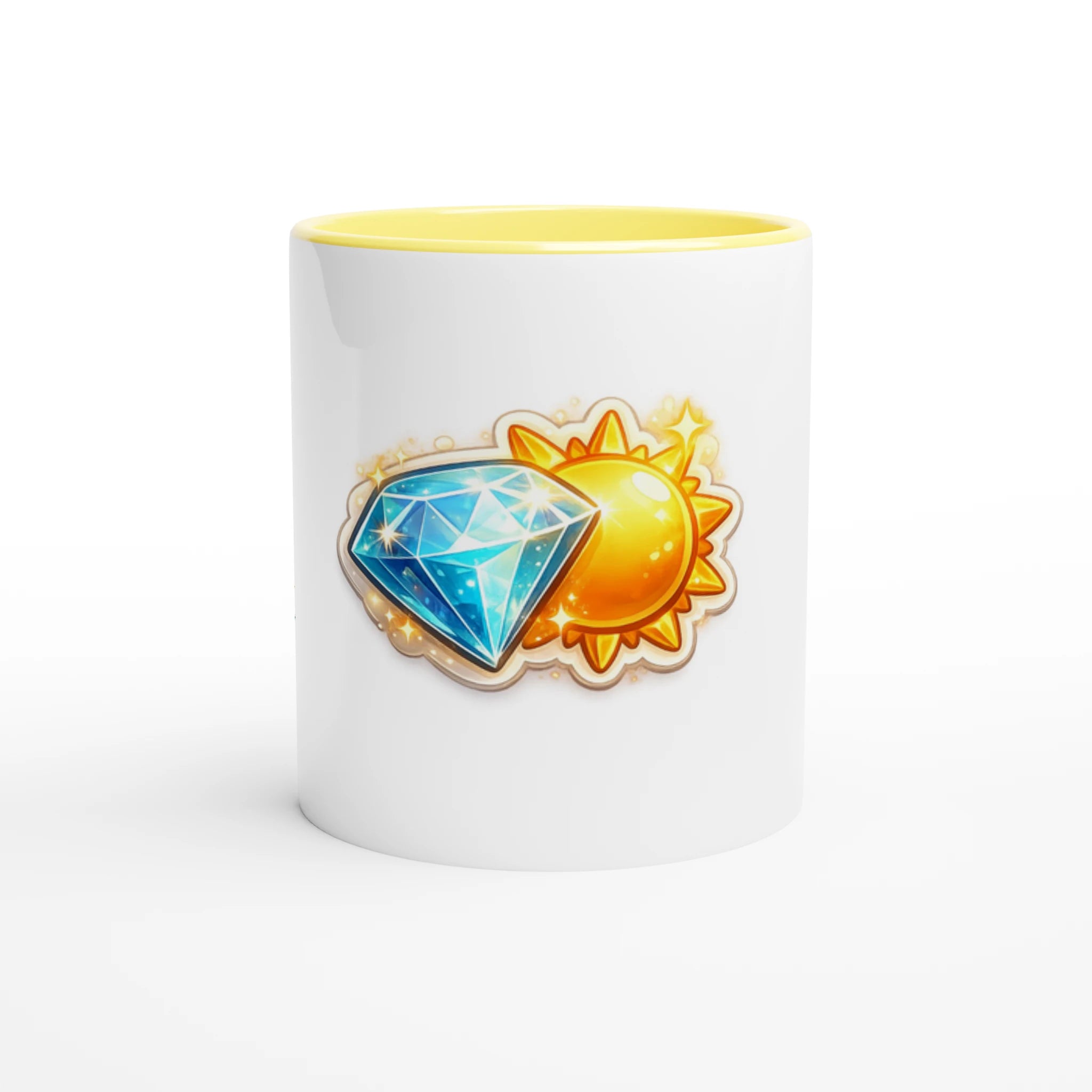 White mug with a sun and diamond design on a white background