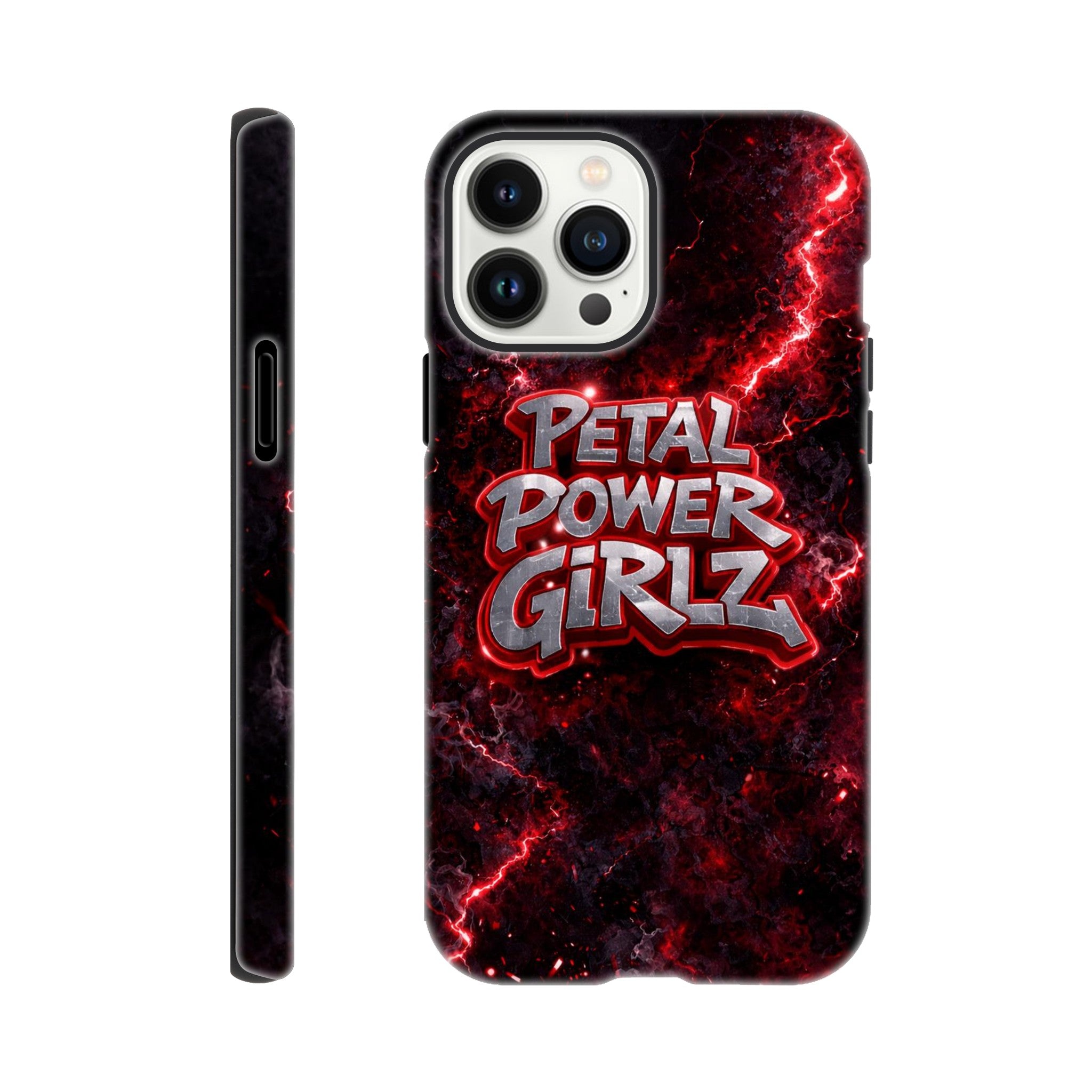 Phone case with 'Petal Power Girlz' design on a red and black background