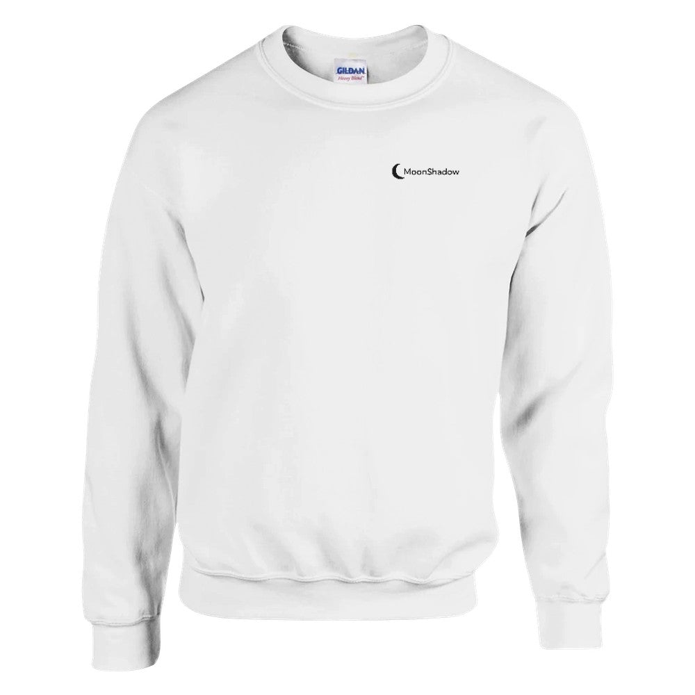 White sweatshirt with a logo on the chest against a white background