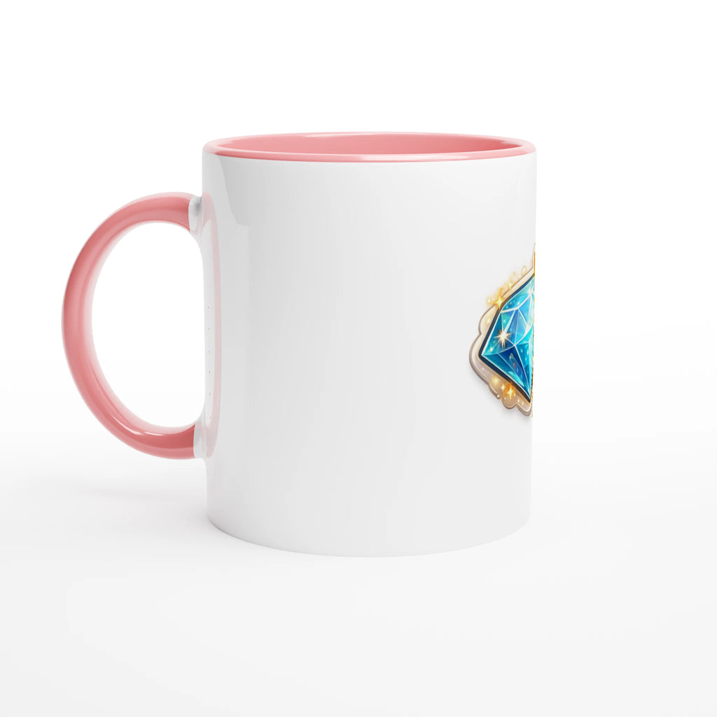 White mug with pink handle and trim featuring a blue and gold emblem on a white background