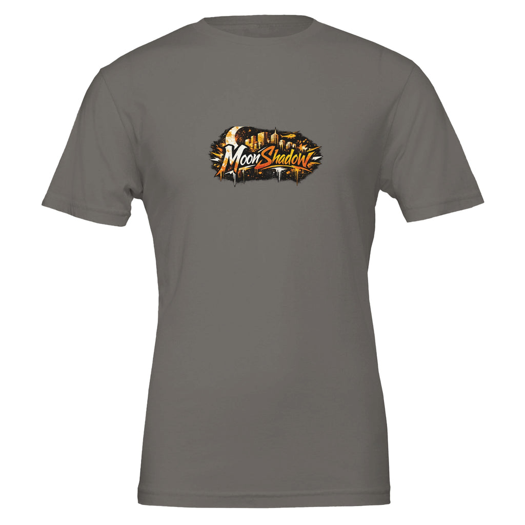 Gray t-shirt with a logo on the chest against a white background