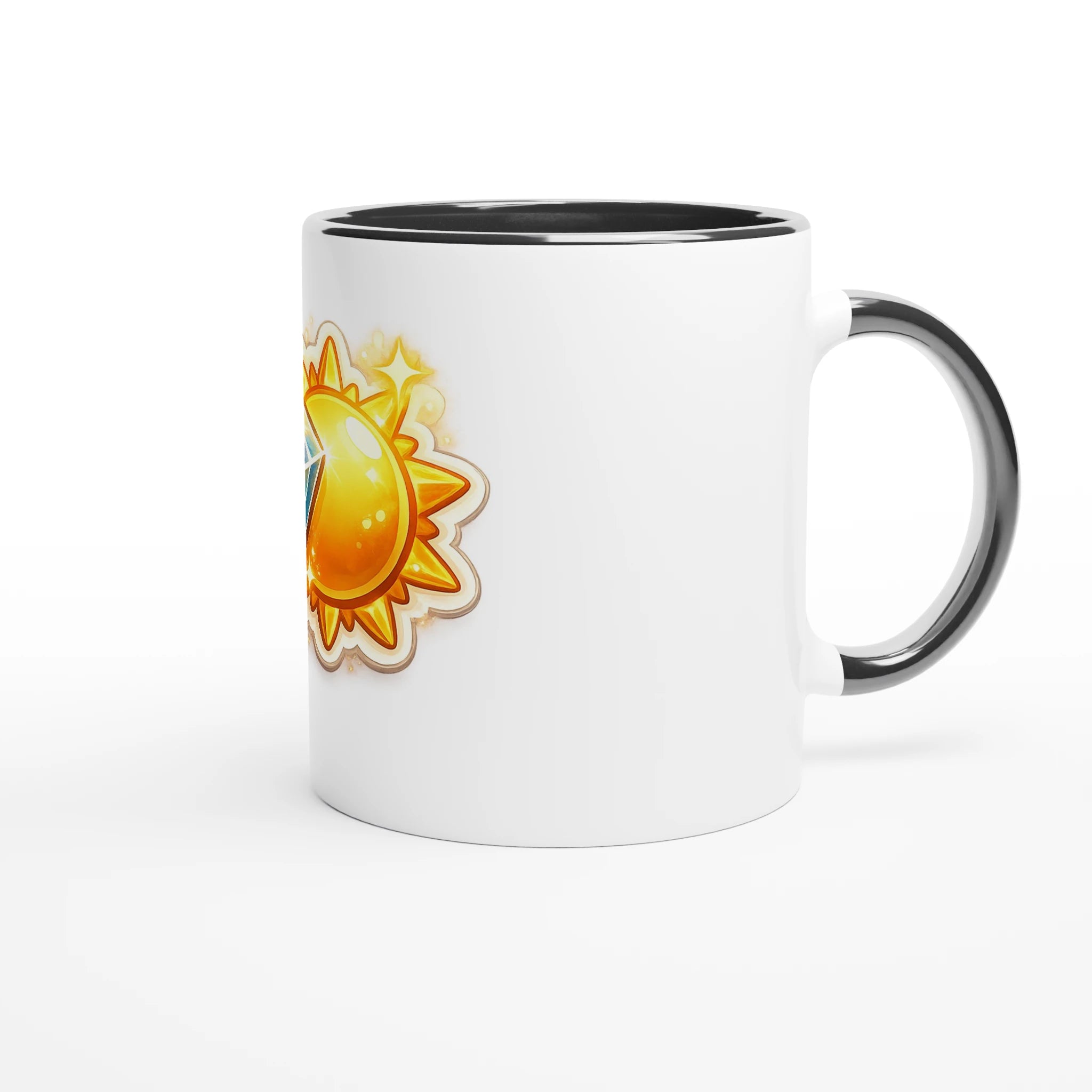 White mug with a sun design on a white background