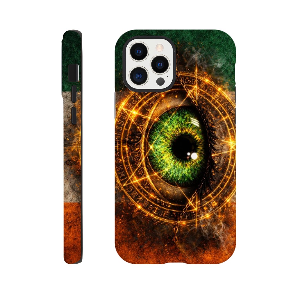 Phone case with eye design and mystical symbols on a white background