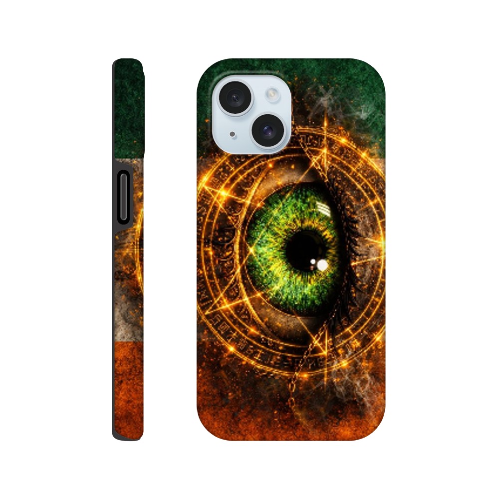 Phone case with eye design and mystical symbols on a white background
