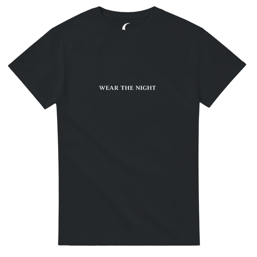 Black t-shirt with text on a white background