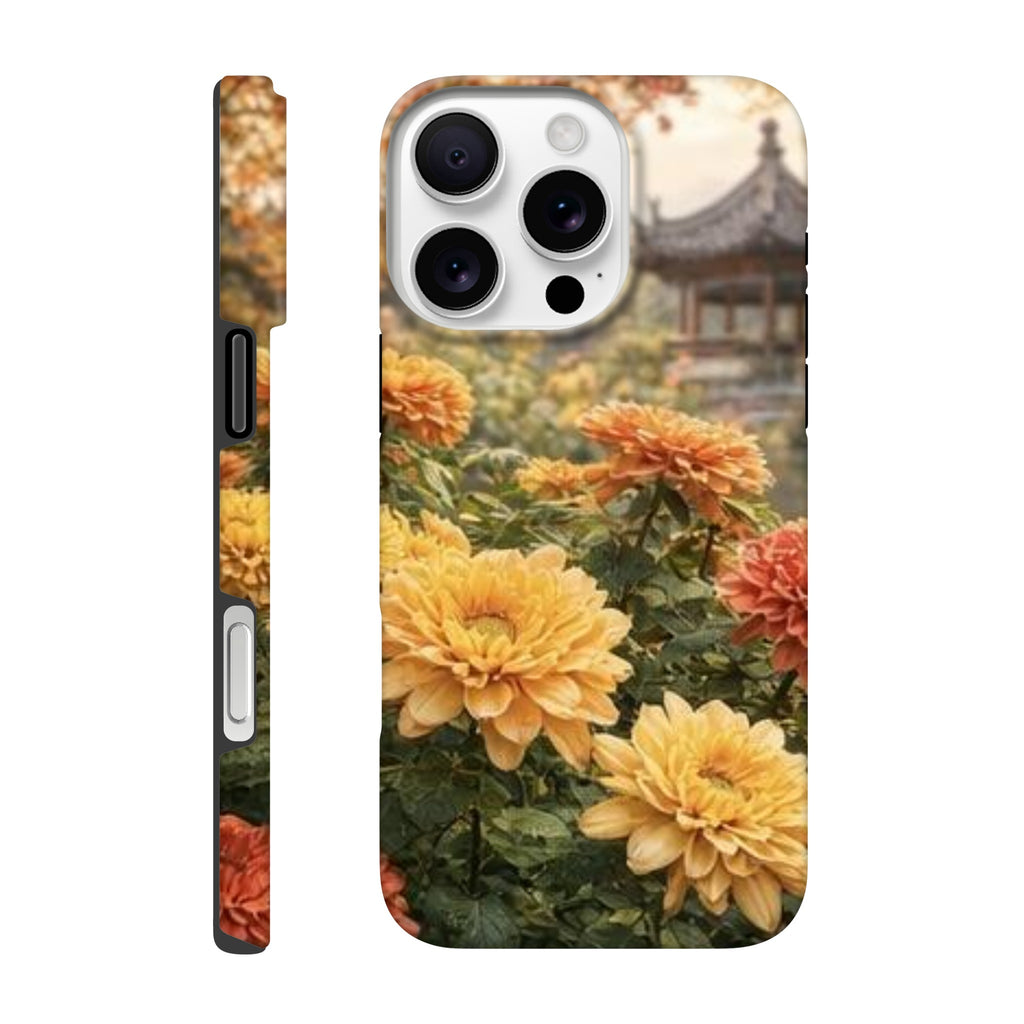 Phone case with yellow flowers and a blurred background