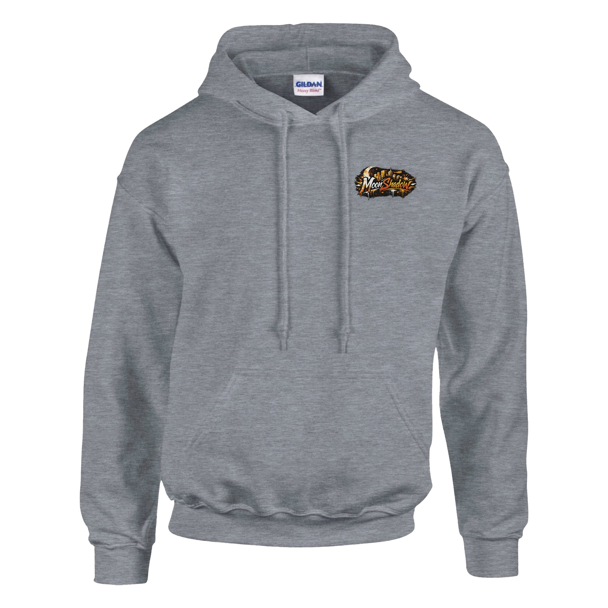 Gray hoodie with a logo on the chest against a white background
