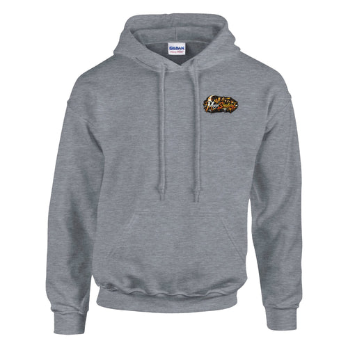 Gray hoodie with a logo on the chest against a white background