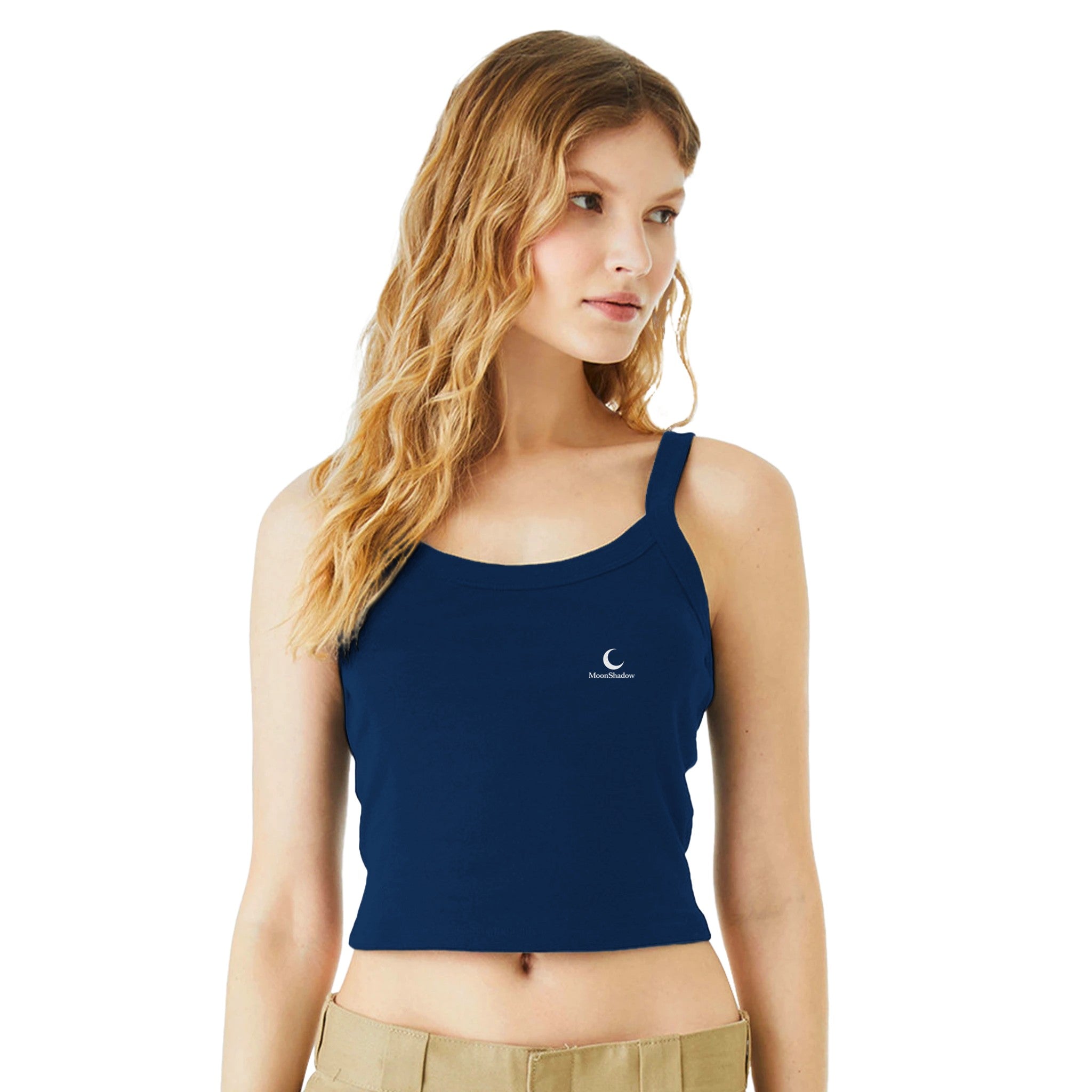 Woman wearing a navy blue tank top with a logo on a white background