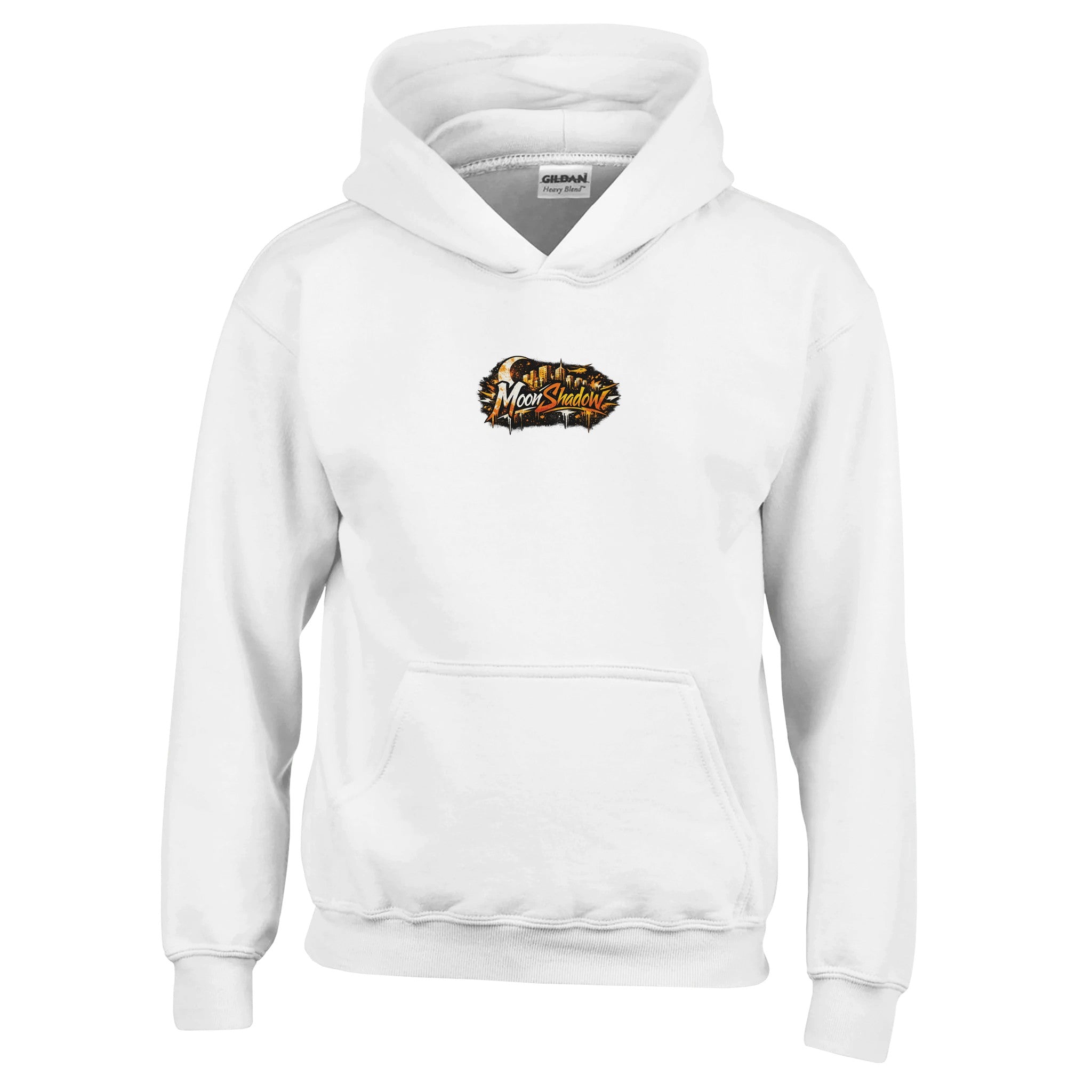 White hoodie with a logo on the chest against a white background
