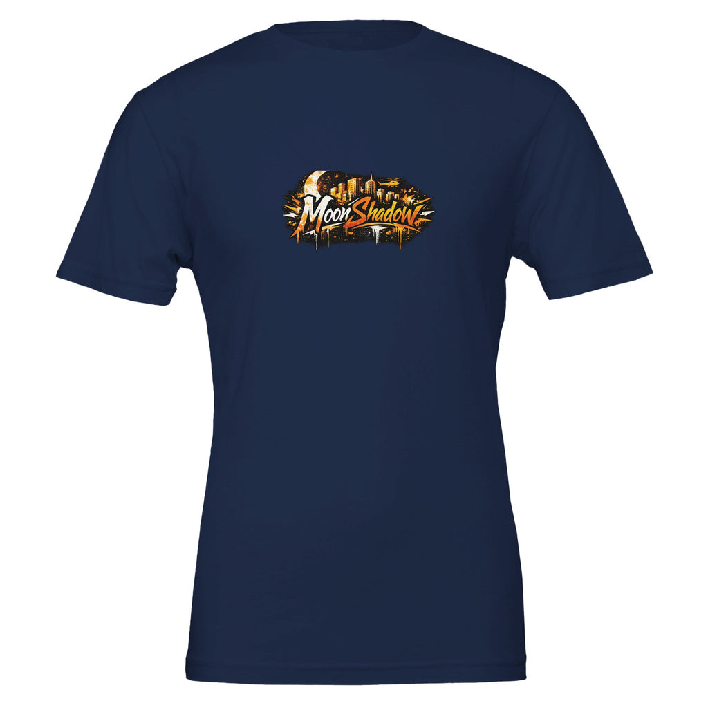 Navy blue t-shirt with 'MoonShadow' logo on a white background