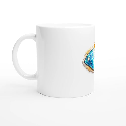 White mug with a geometric design on a white background