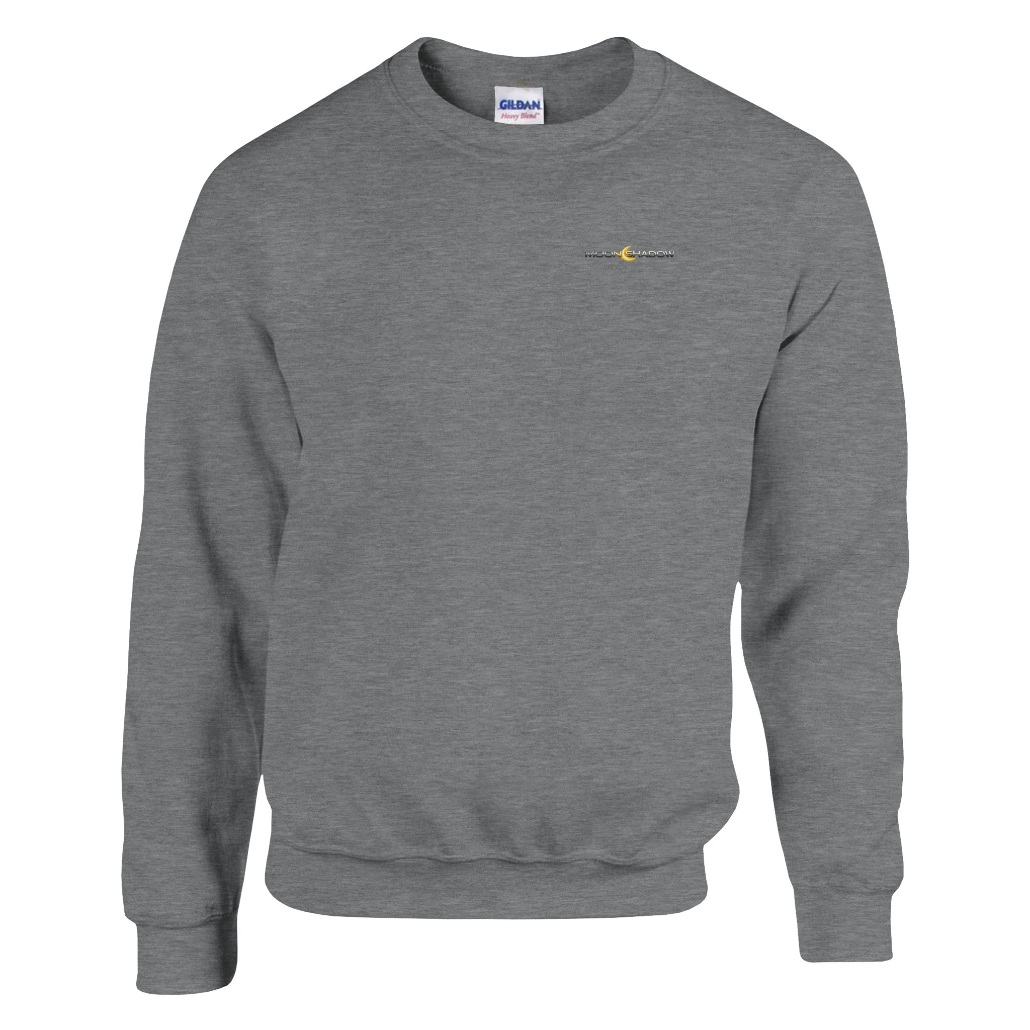 Grey sweatshirt with a small logo on a white background