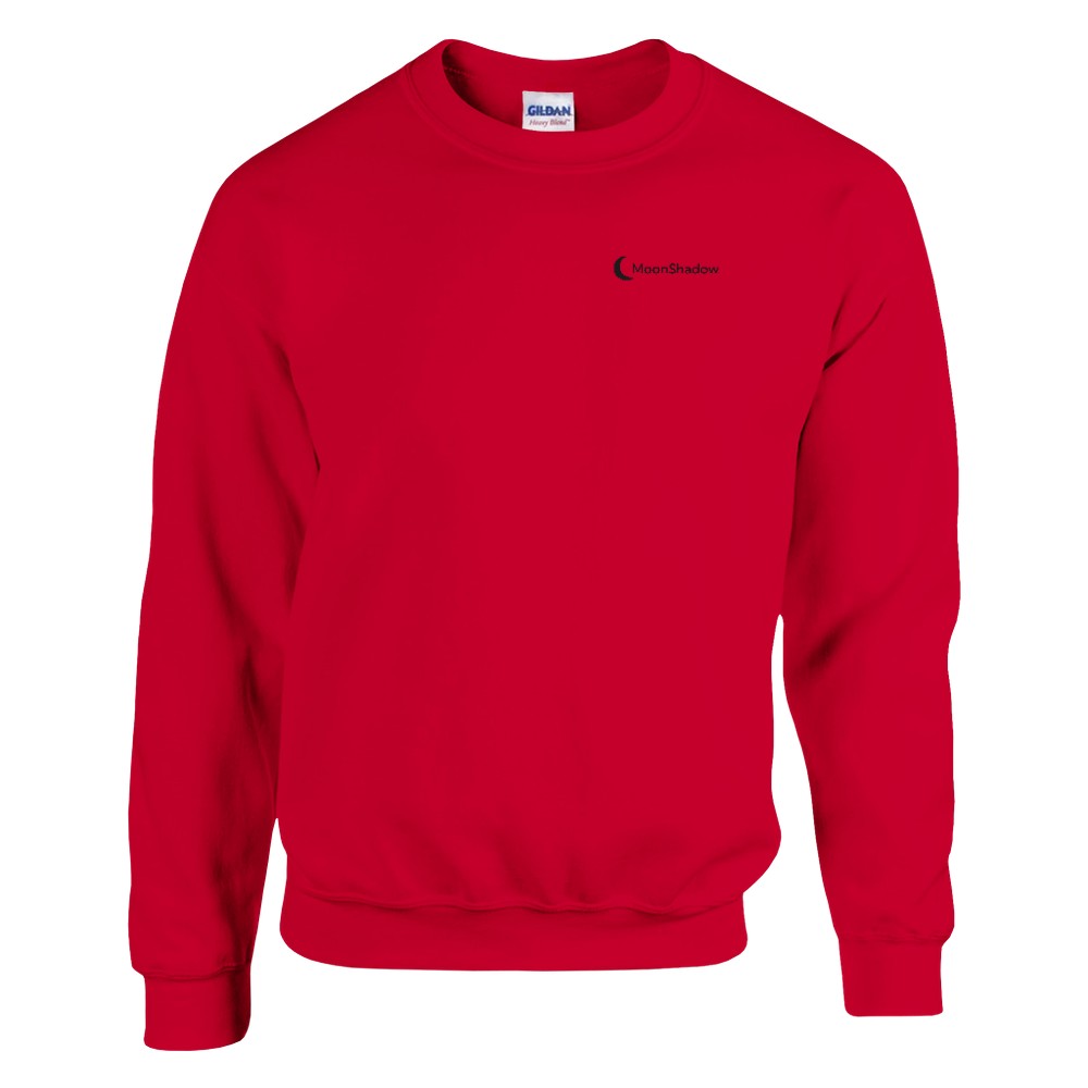 Red sweatshirt with a logo on the chest against a white background