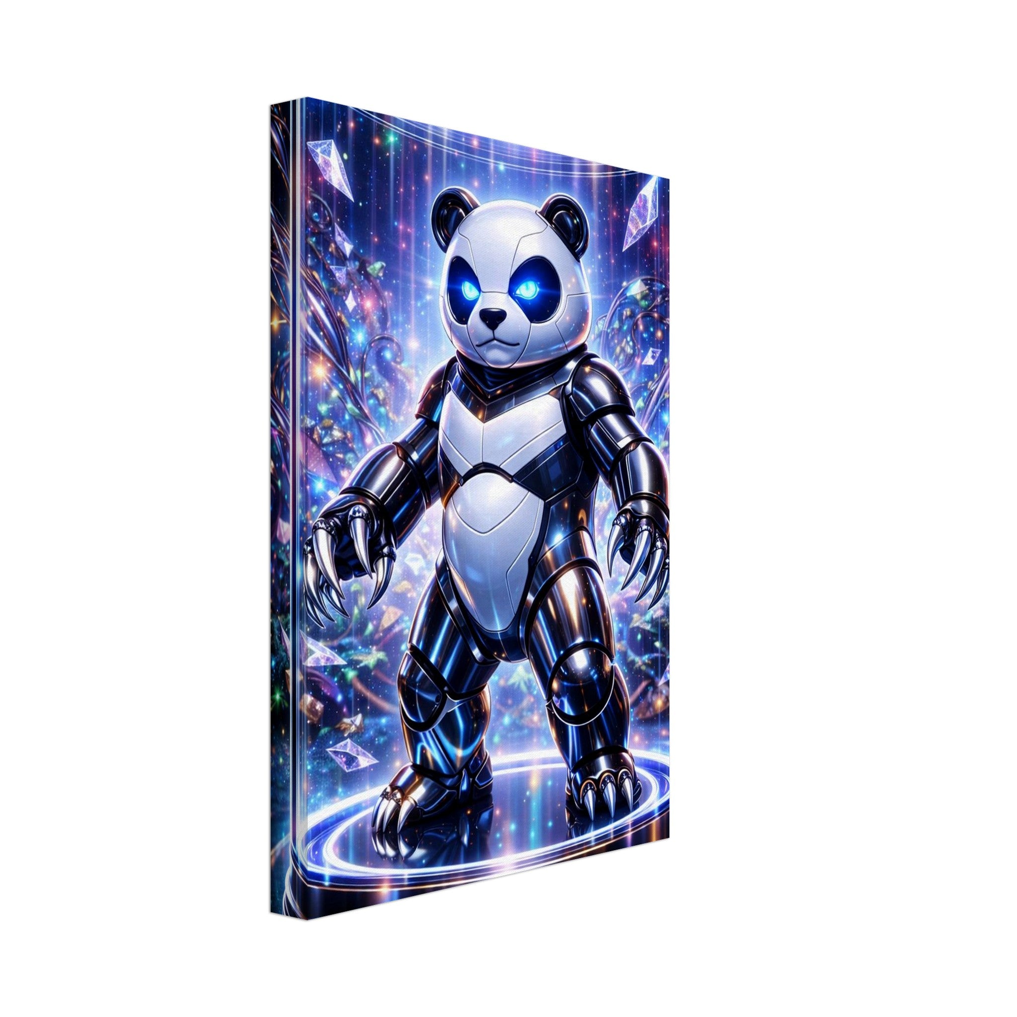 Toy robot panda with glowing blue eyes on a white background