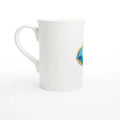 White mug with a colorful geometric design on a white background