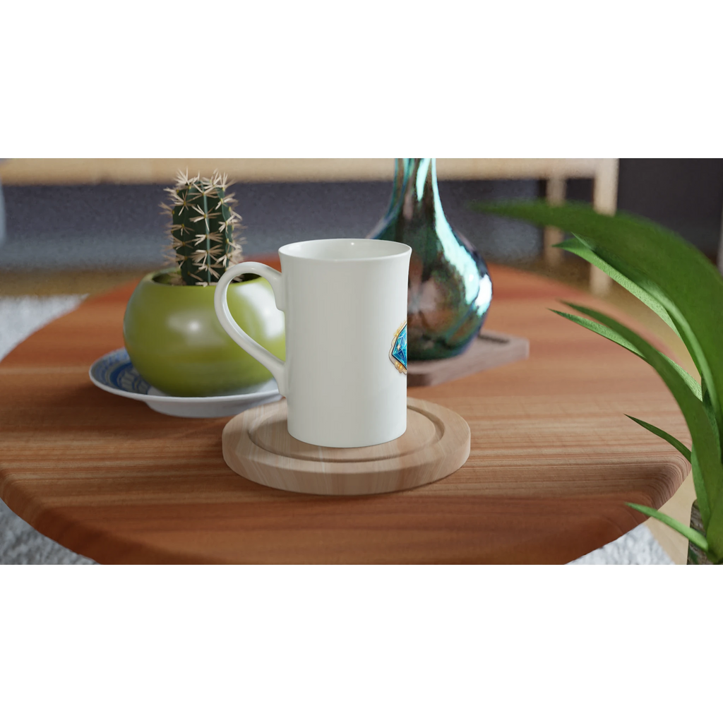 White mug on a wooden coaster with a cactus and vase in the background