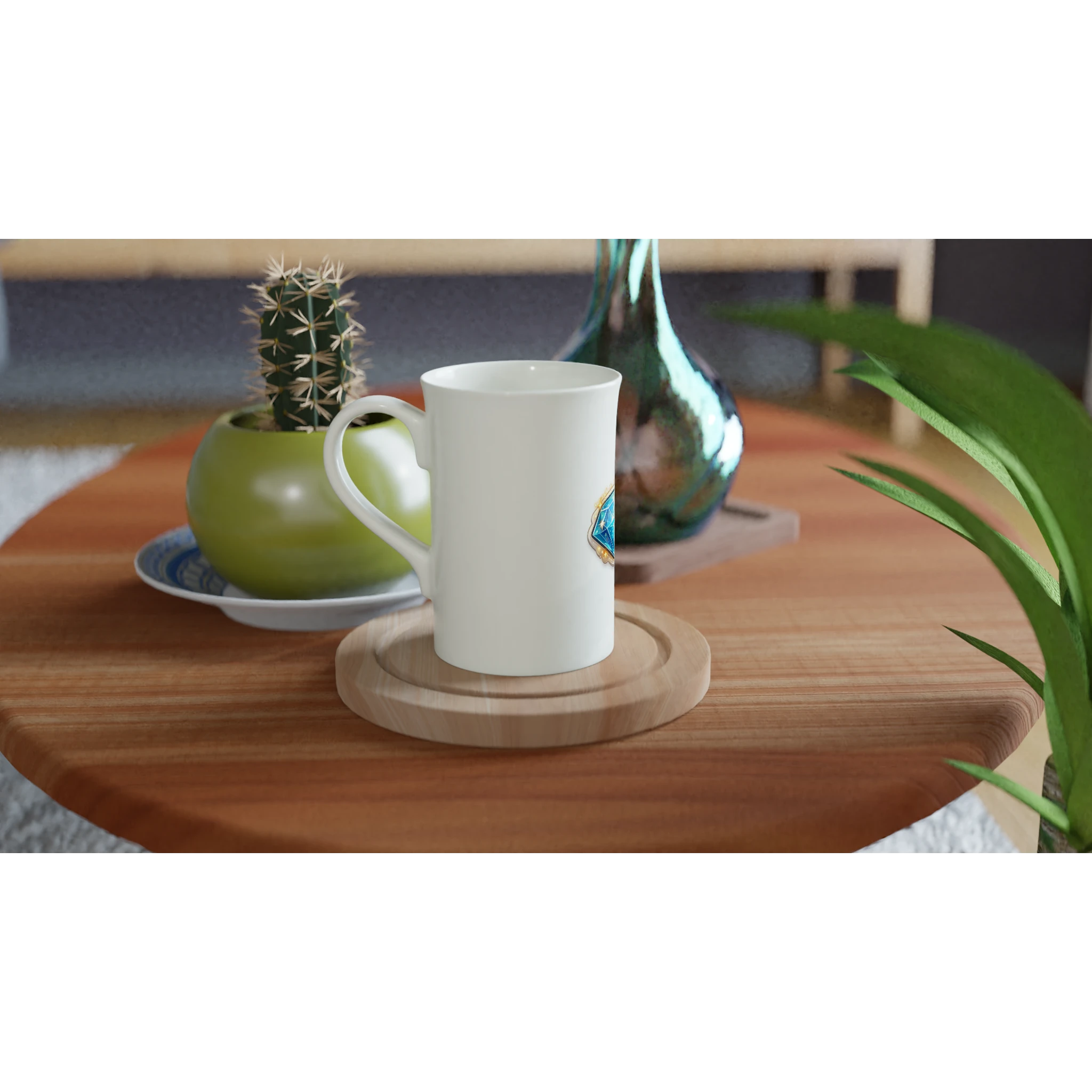 White mug on a wooden coaster with a cactus and vase in the background