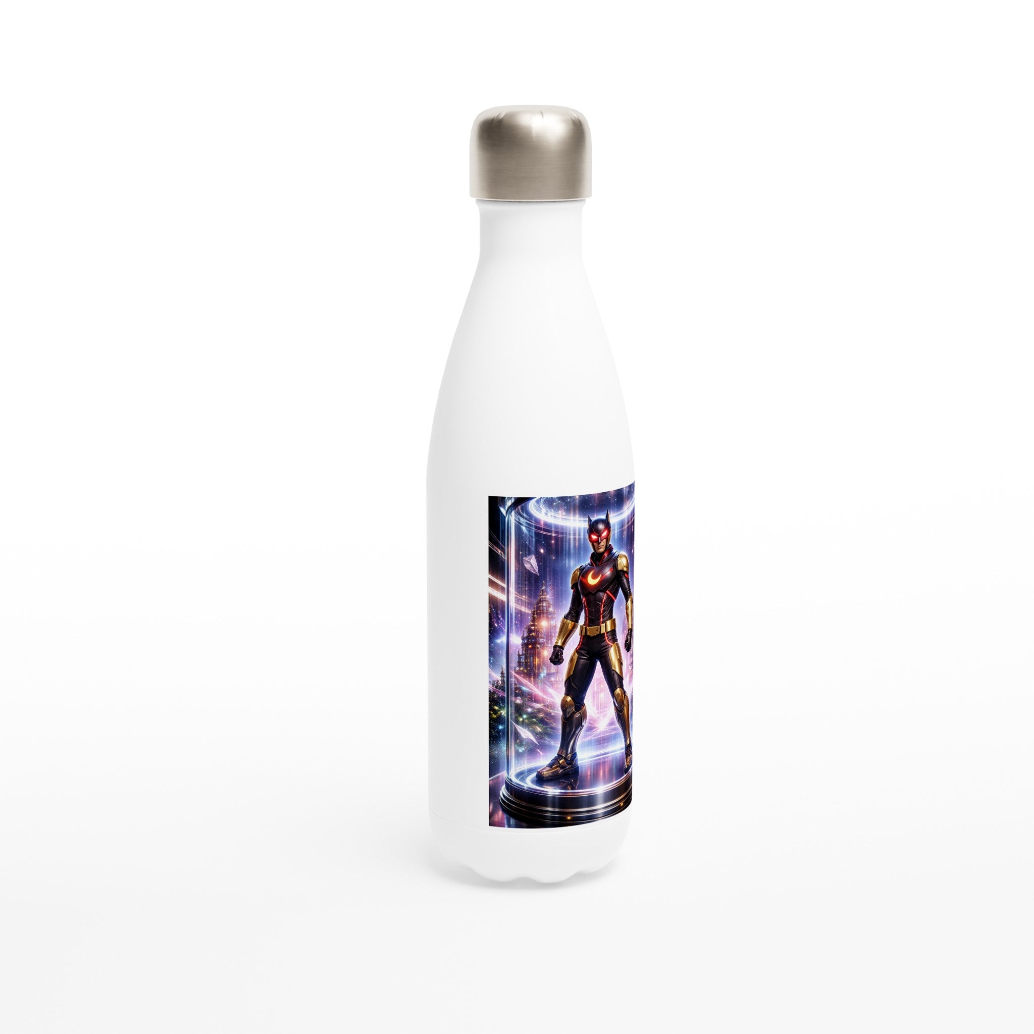 White water bottle with a superhero design on a white background