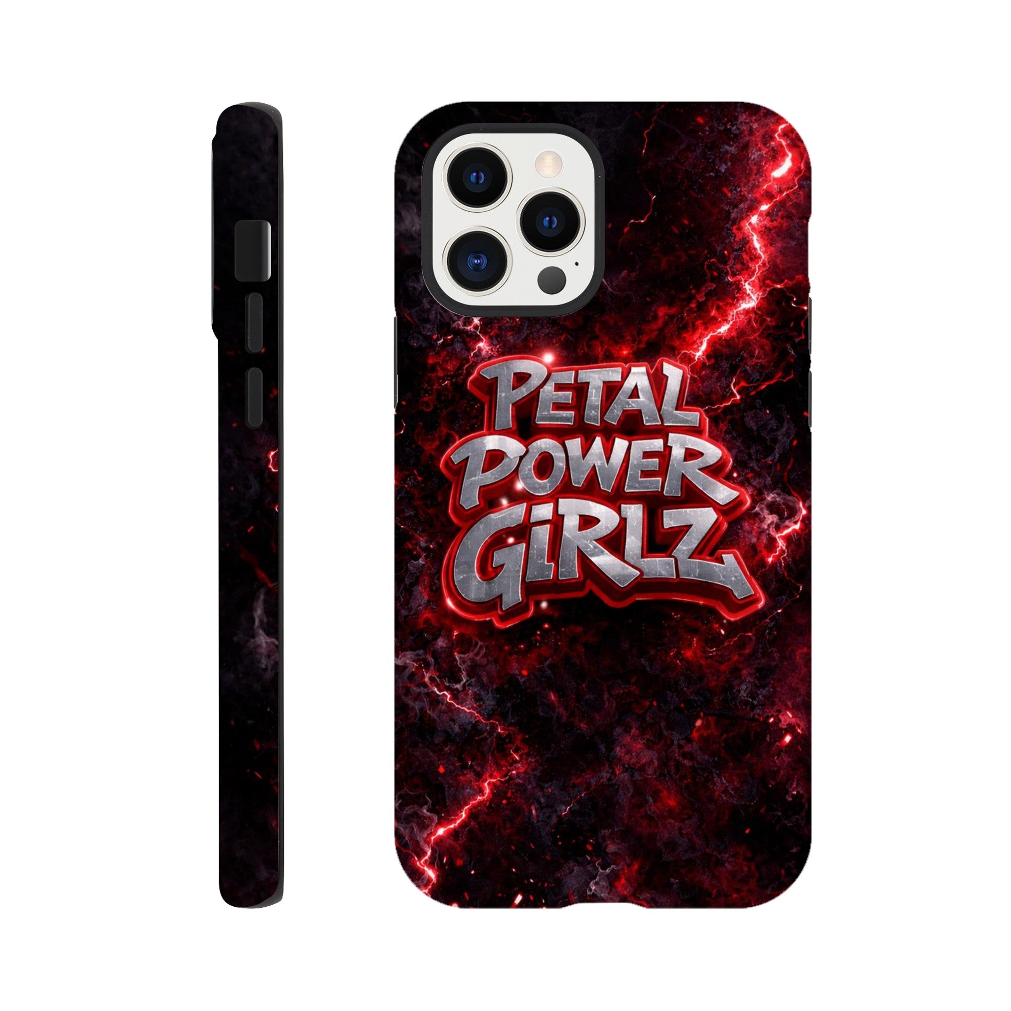 Phone case with 'Petal Power Girlz' design on a dark background
