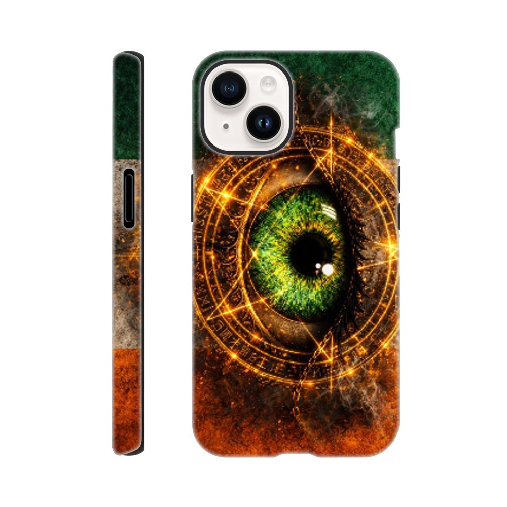 Phone case with eye design and mystical symbols on a white background