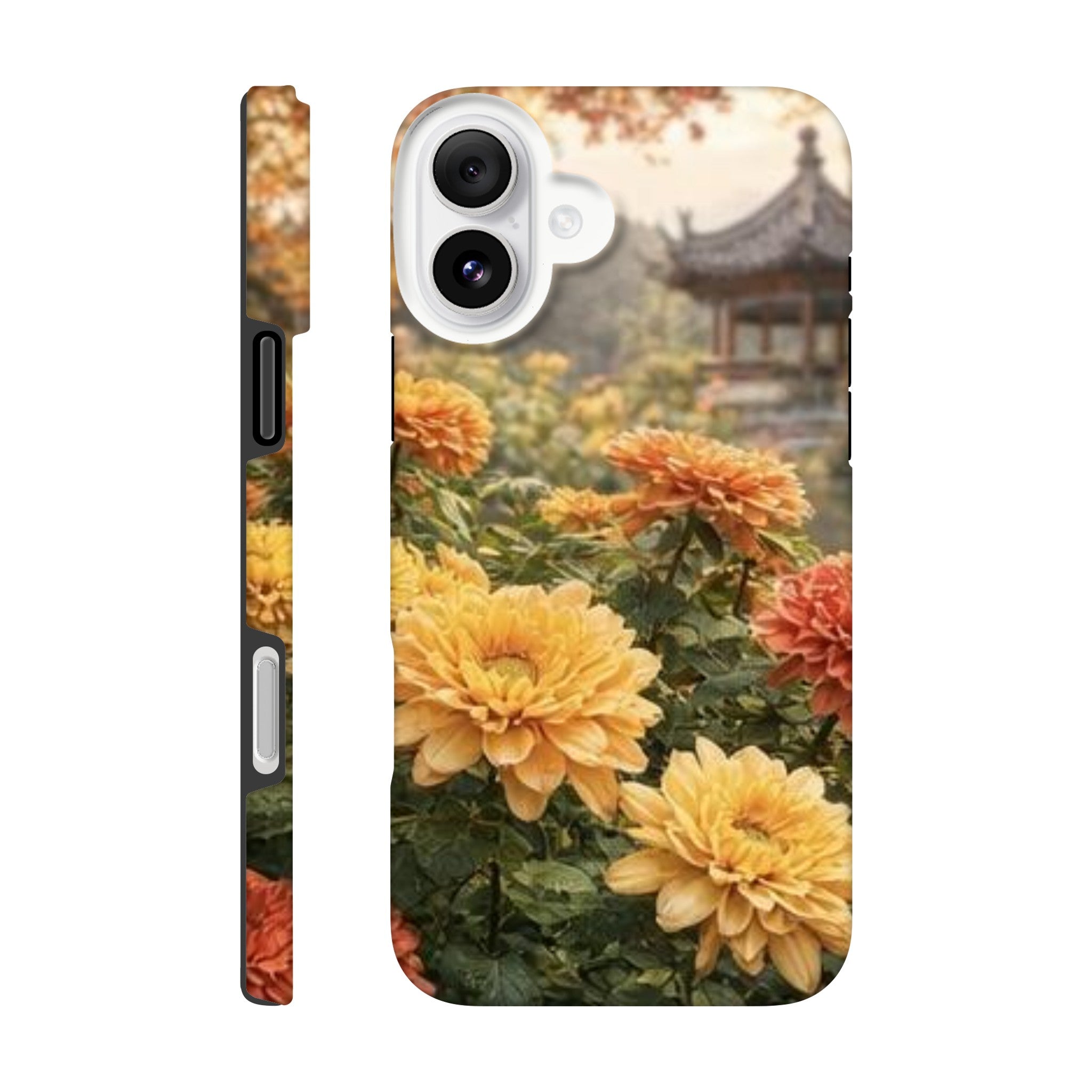 Phone case with a floral design featuring yellow and orange flowers in a garden setting.