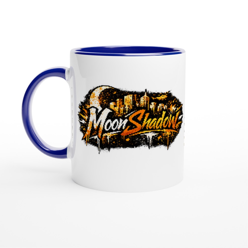 White mug with blue handle and 'Moon Shadow' logo on a white background