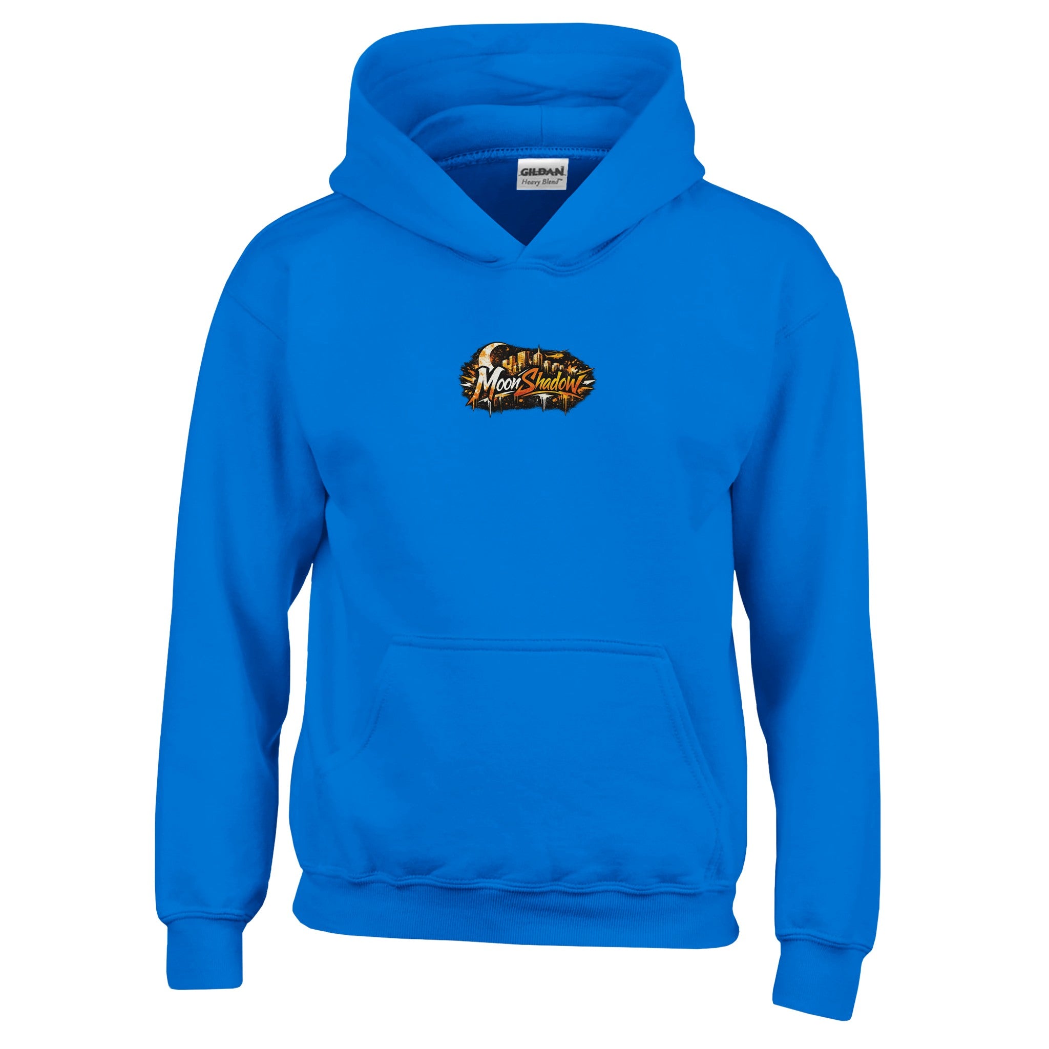 Blue hoodie with a logo on the chest against a white background