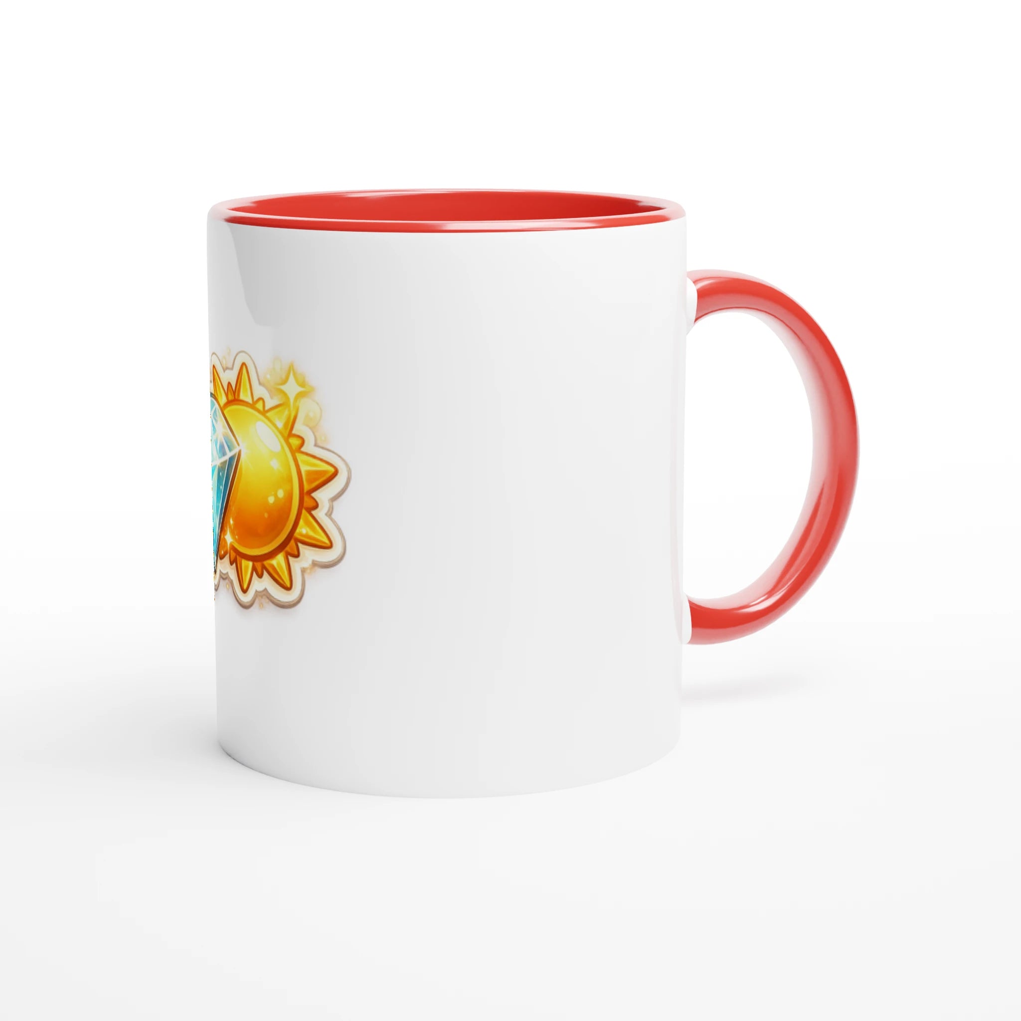 White mug with red handle and sun emoji on a white background