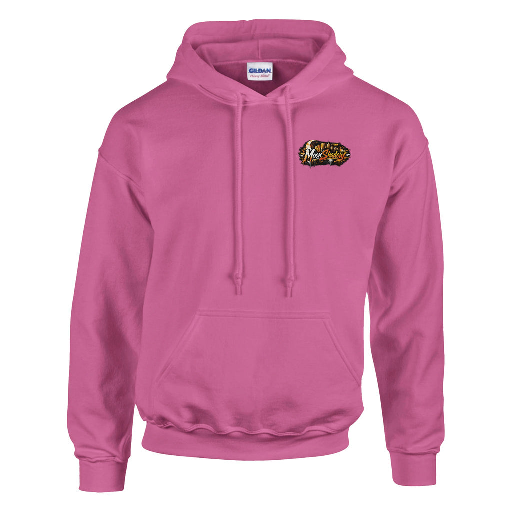 Pink hoodie with a logo on the chest against a white background