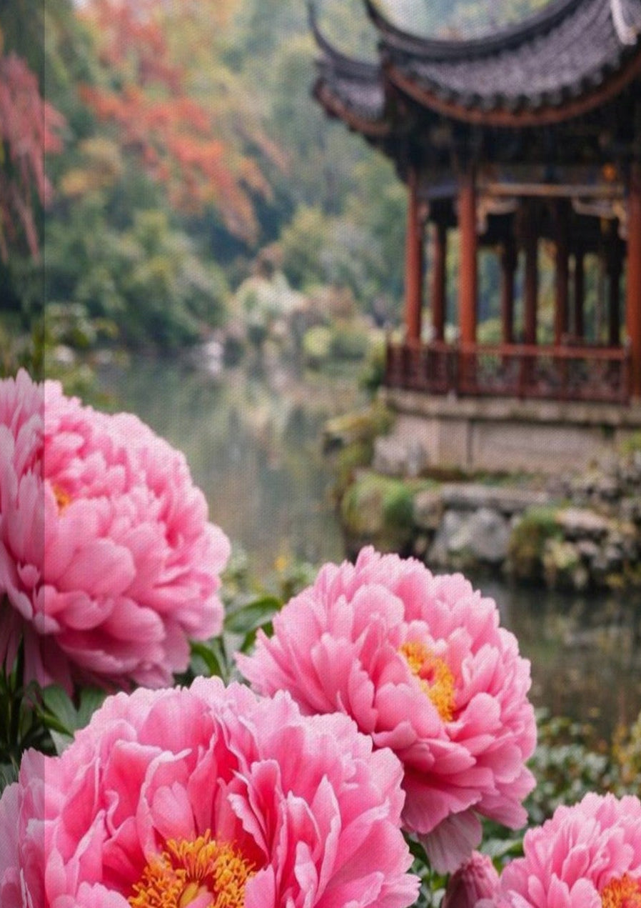 Canvas print with pink flowers and a traditional building in the background