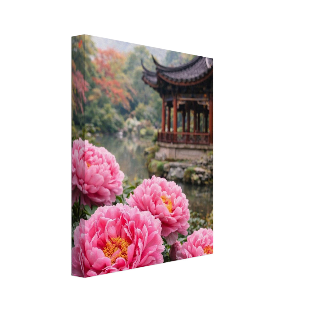 Canvas print with pink flowers and a traditional building in the background