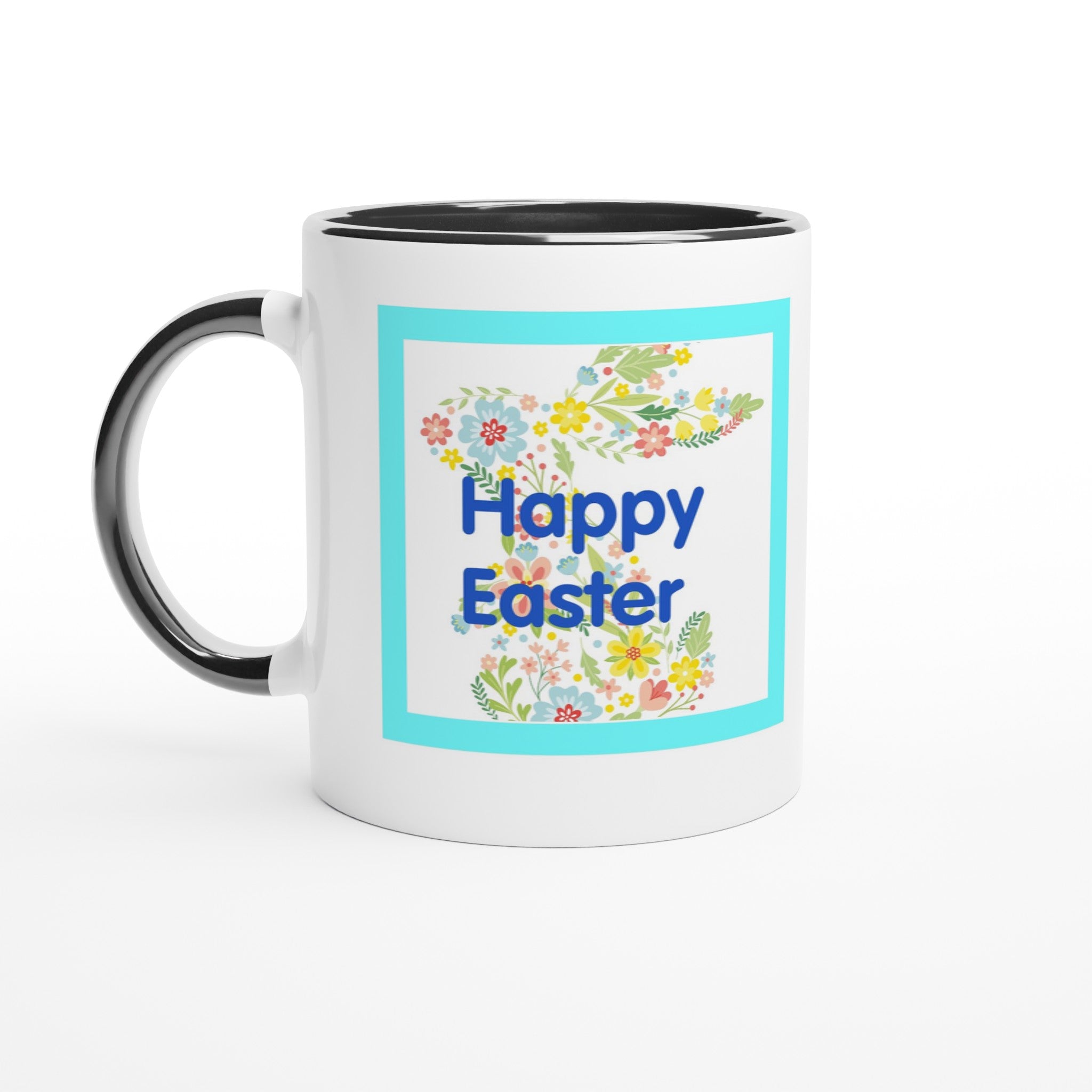 White mug with black handle featuring 'Happy Easter' text and floral designs on a white background