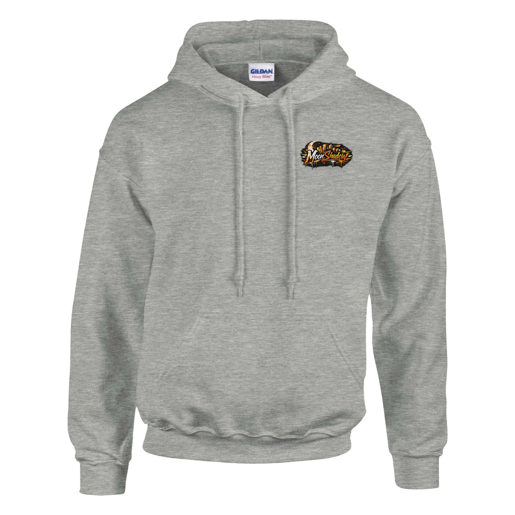 Gray hoodie with a logo on the chest against a white background