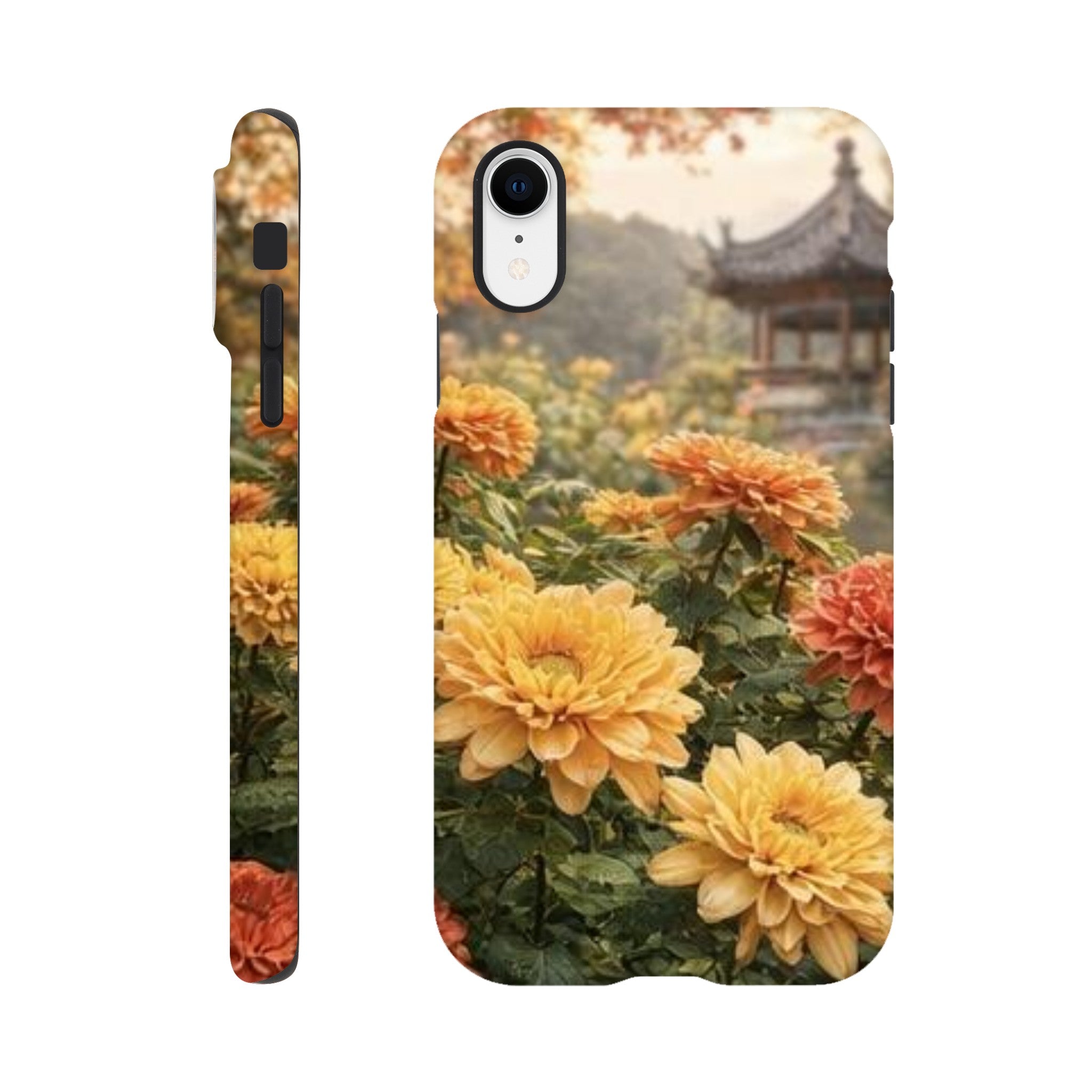 Phone case with yellow flowers and traditional building in the background