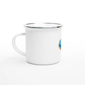 White mug with a small logo on a white background