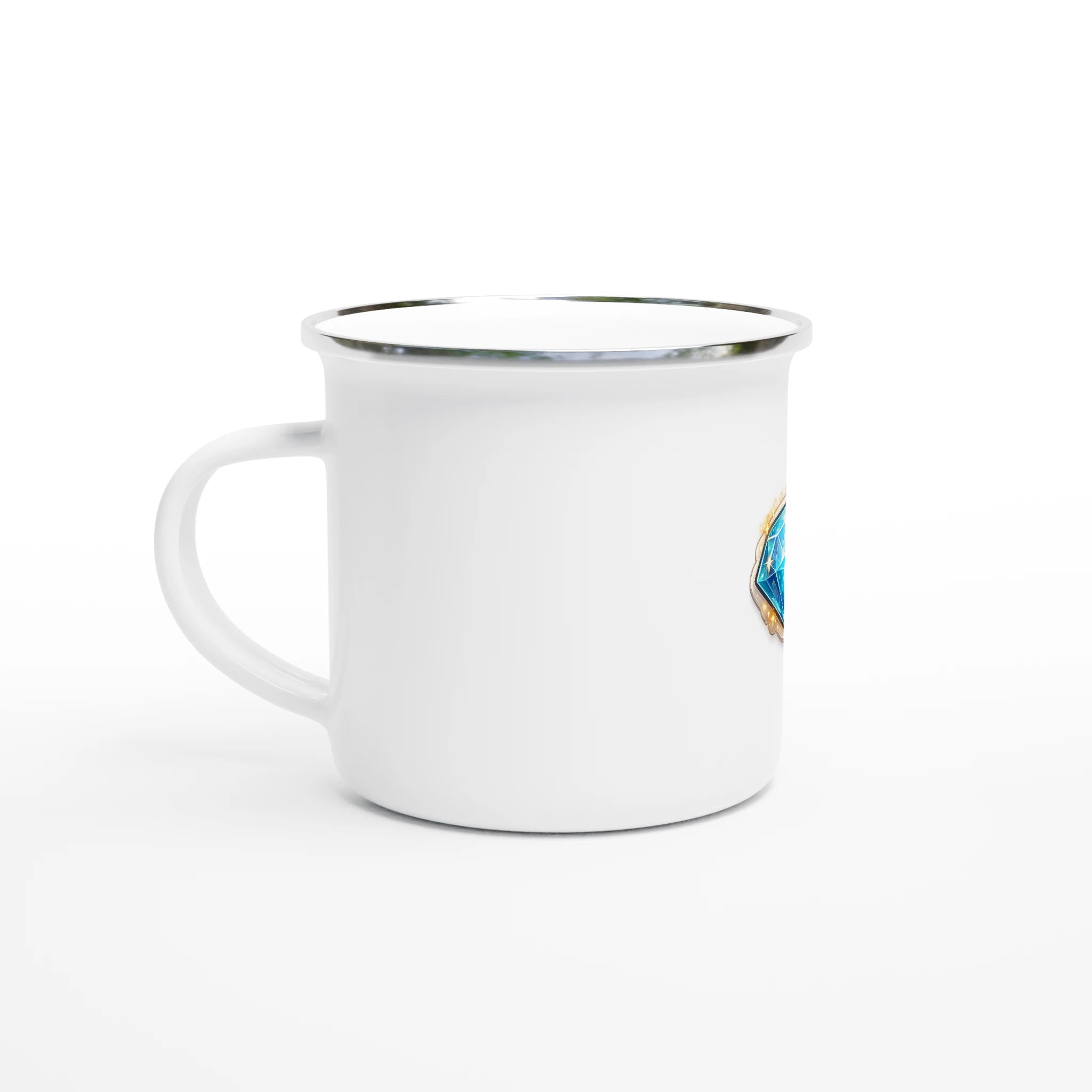 White mug with a small logo on a white background