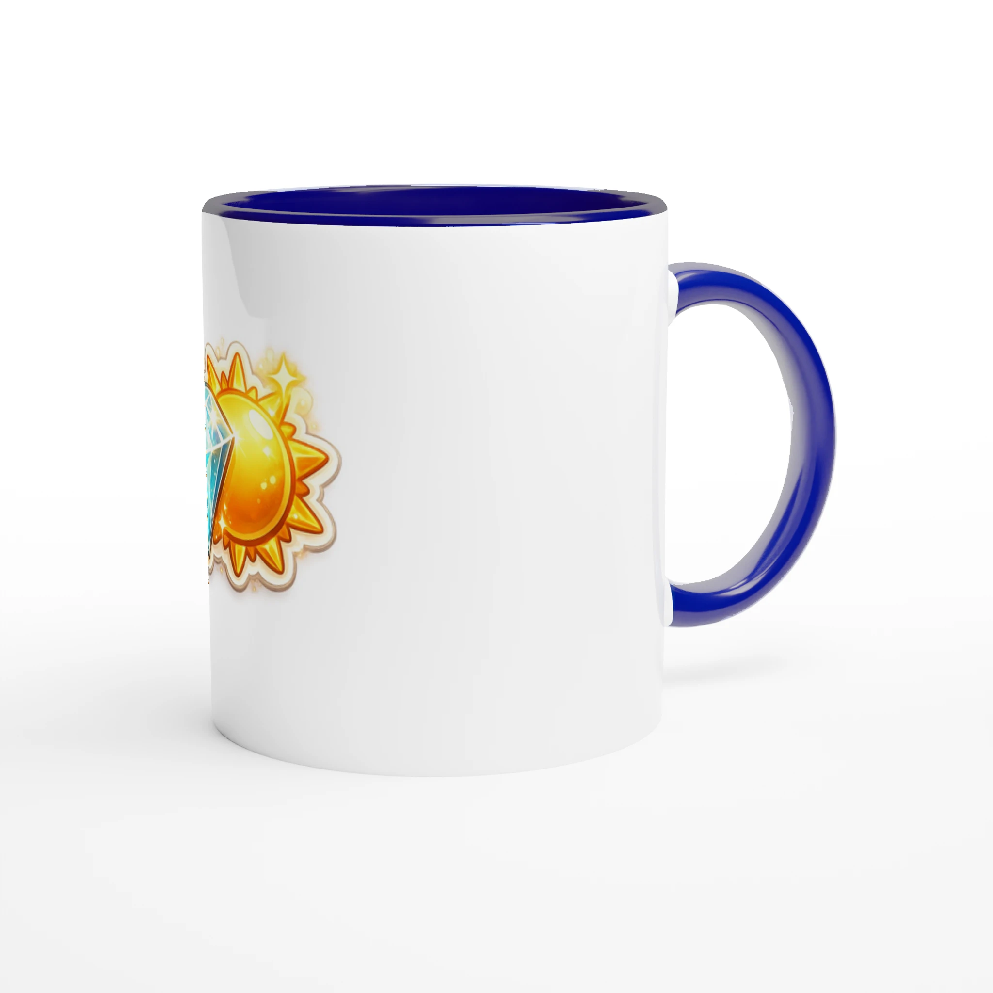 White mug with blue rim and handle featuring a sun emoji on a white background