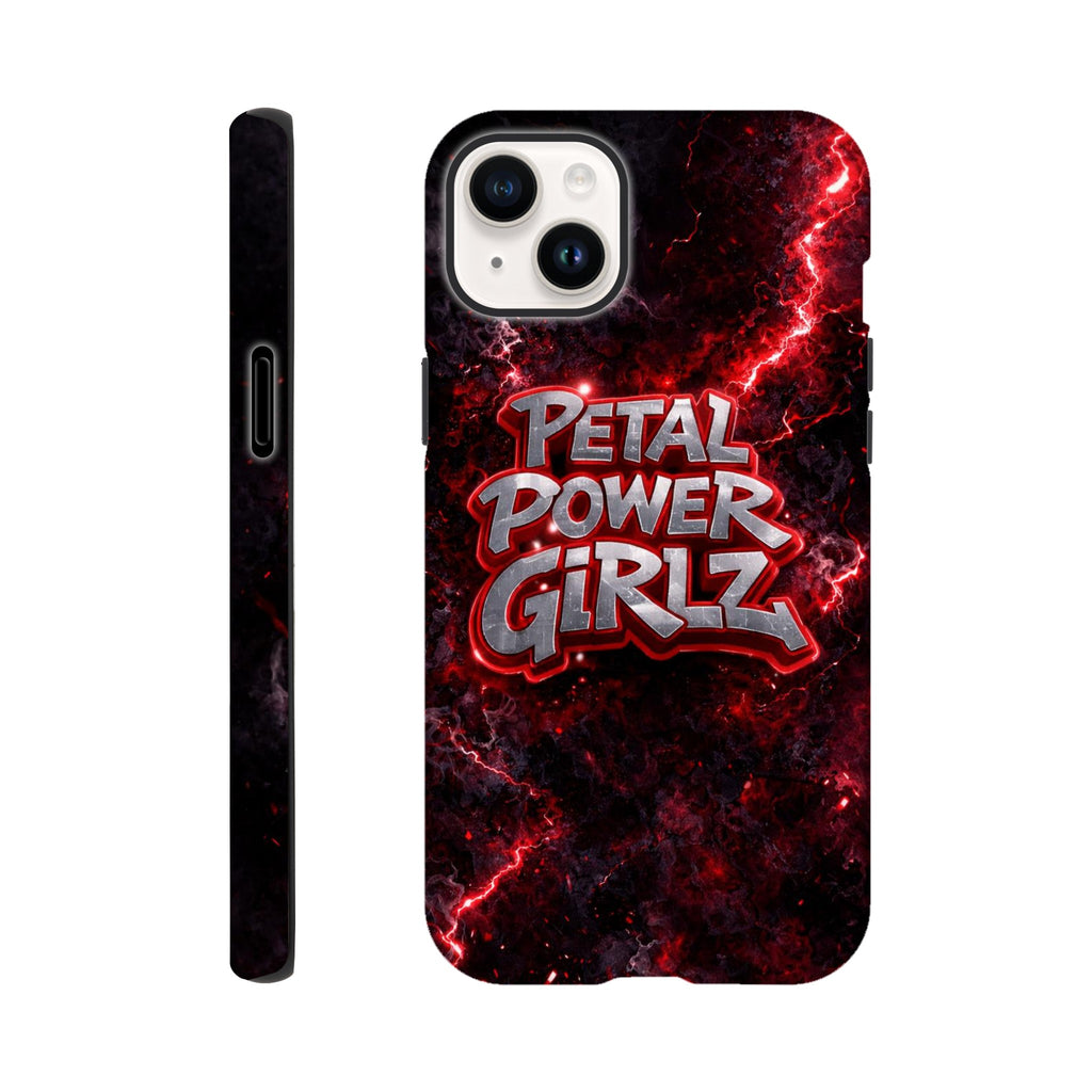 Phone case with 'Petal Power Girlz' design on a dark background with red accents