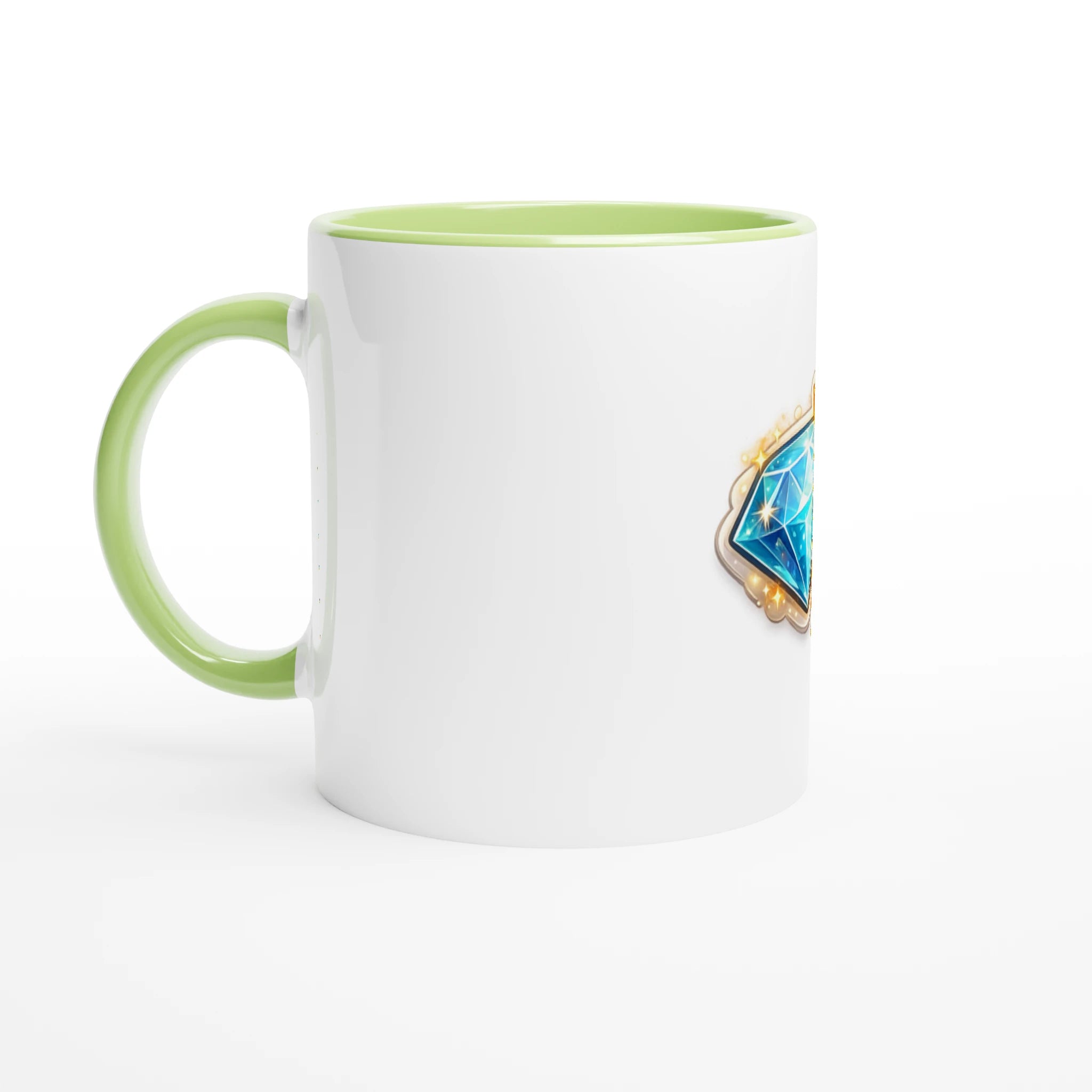 White mug with green rim and handle featuring a blue geometric design on a white background
