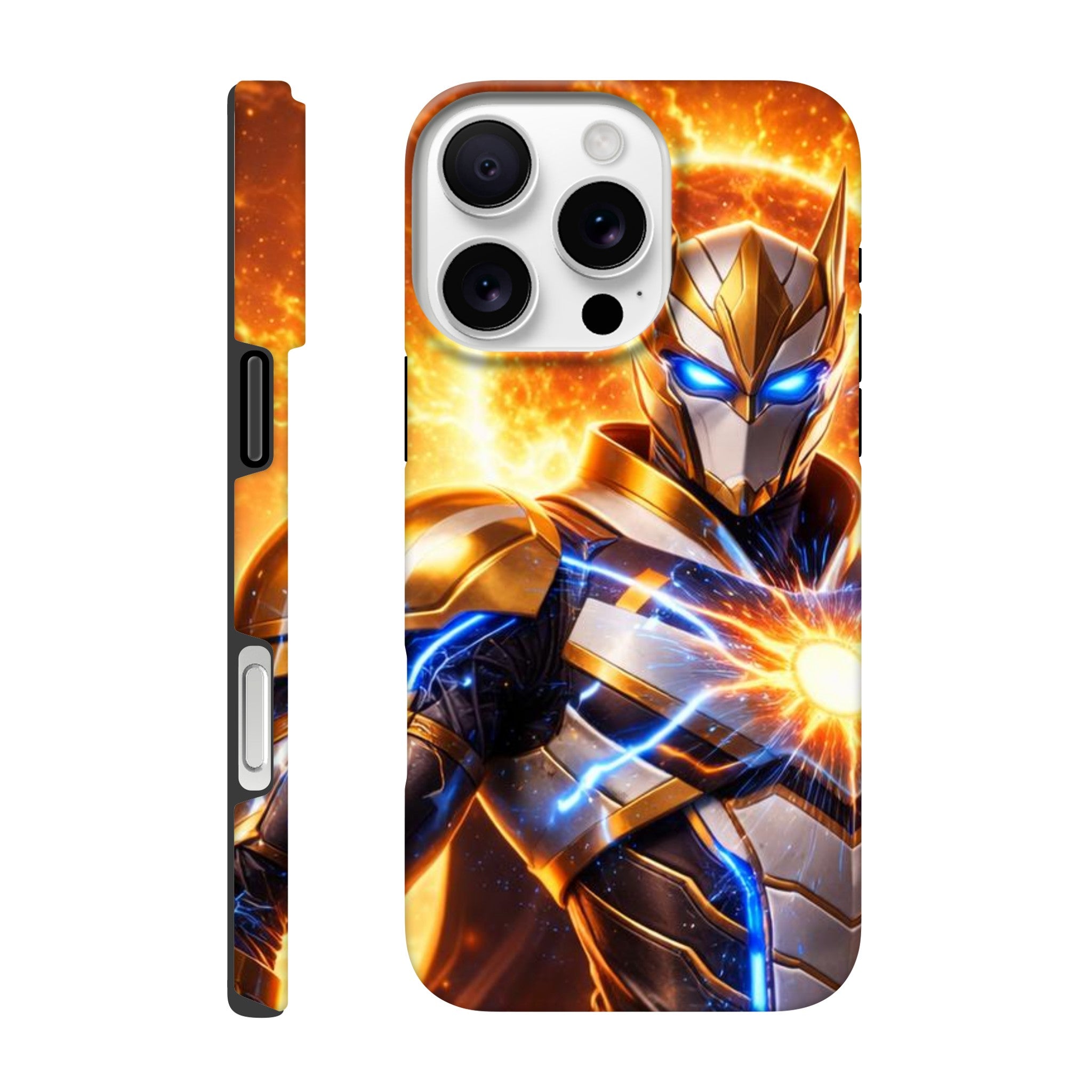 Phone case with superhero design featuring flames and energy effects on a white background