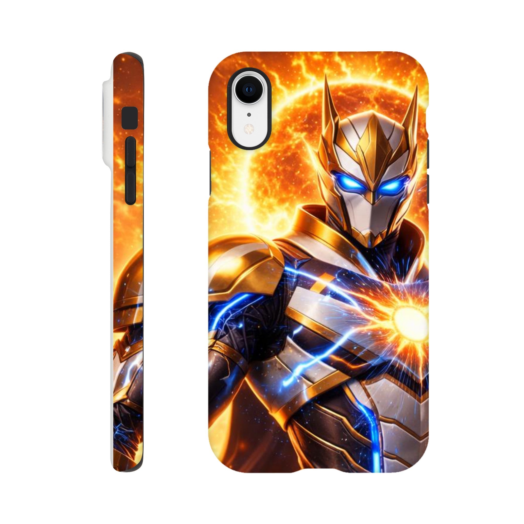 Phone case with a superhero design featuring flames and lightning on a white background