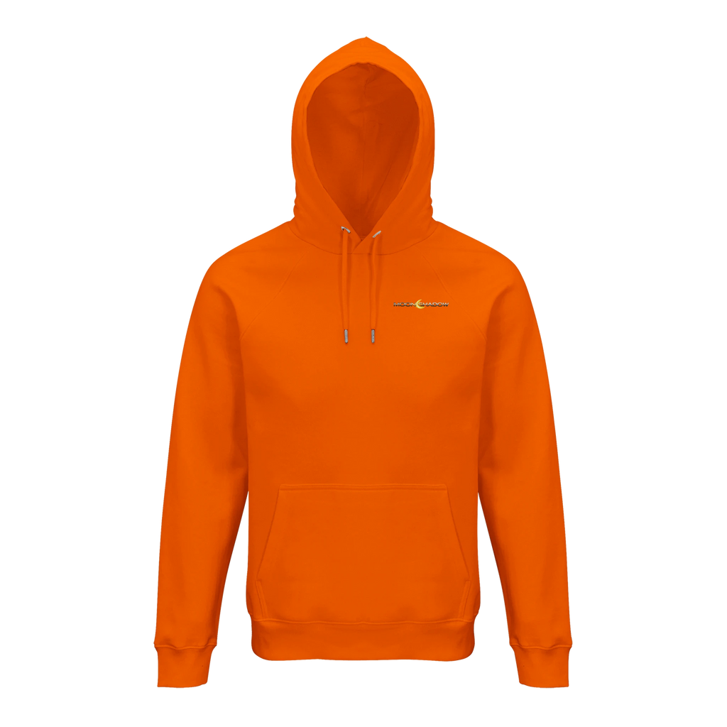 Orange hoodie with a small logo on the chest against a white background