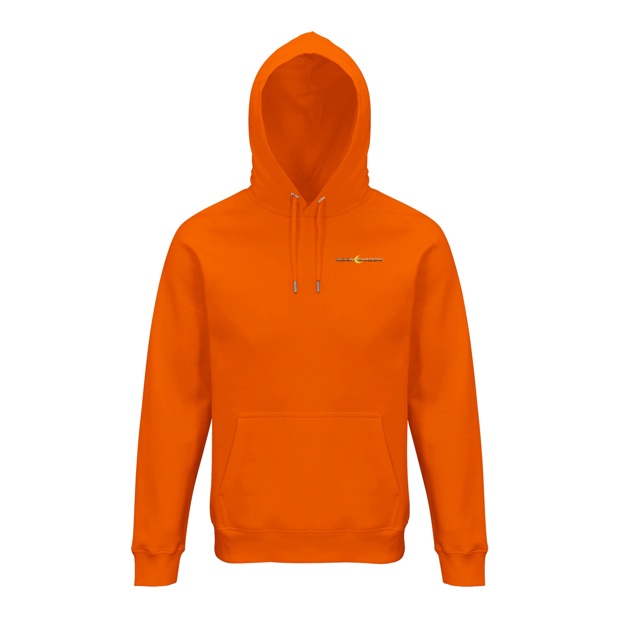 Orange hoodie with a small logo on the chest against a white background