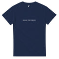 Navy blue t-shirt with a black cat graphic on a white background