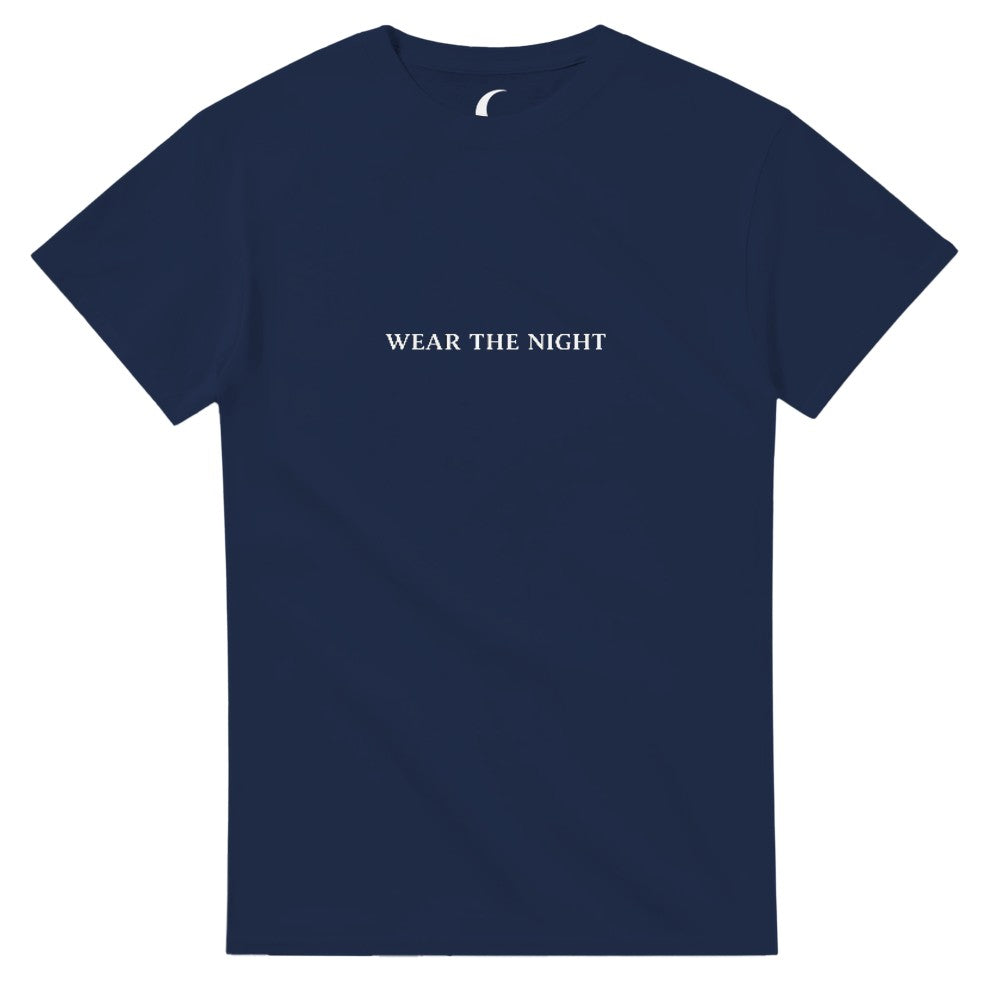 Navy blue t-shirt with a black cat graphic on a white background